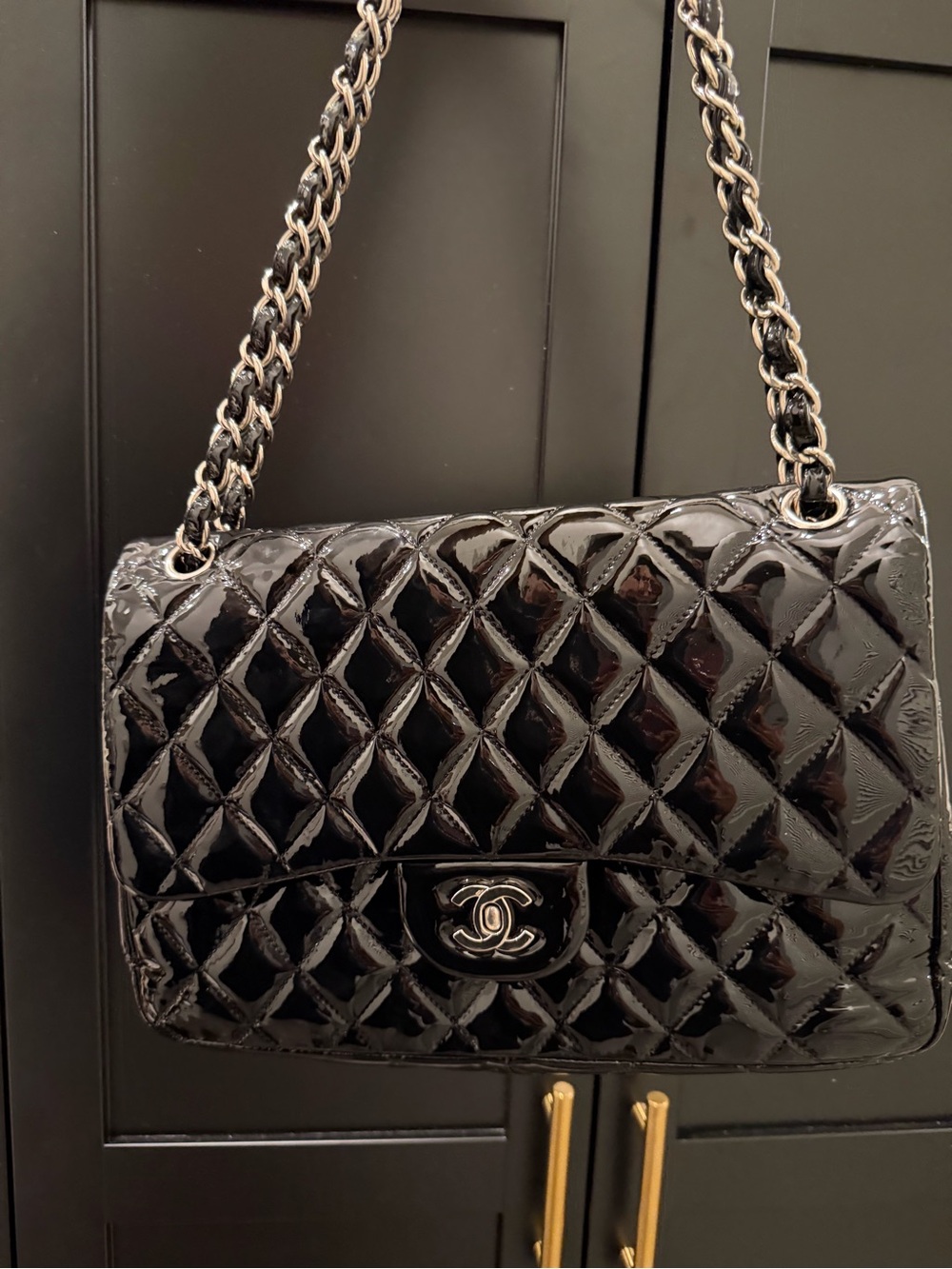 CHANEL Black Quilted Patent Leather Shoulder Bag with Chain Strap